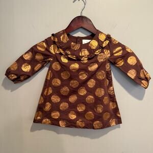 Hanna Andersson Dress Party Brown Gold Polka Dots Toddler Girls 18-24 Mos Autumn